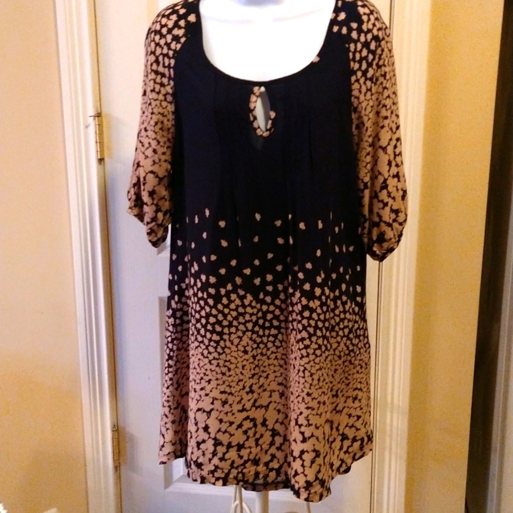 SIMPLY ASTER by Firmiana Dark Navy with Beige Clovers, Scoop Neck Dress in 1X